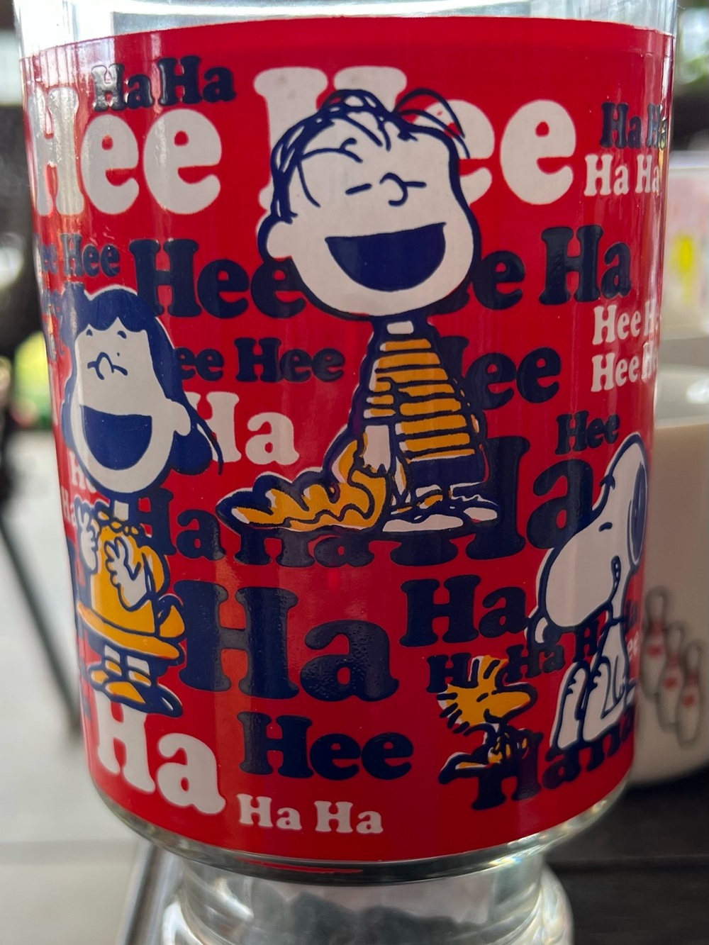 Vintage Peanuts Red Glass with Navy & Yellow Peanuts Characters